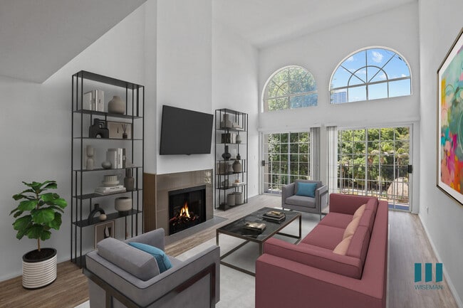 Living Room with Fireplace, Vinyl Flooring, and Large-Size Windows - Rose Flower by Wiseman Rental