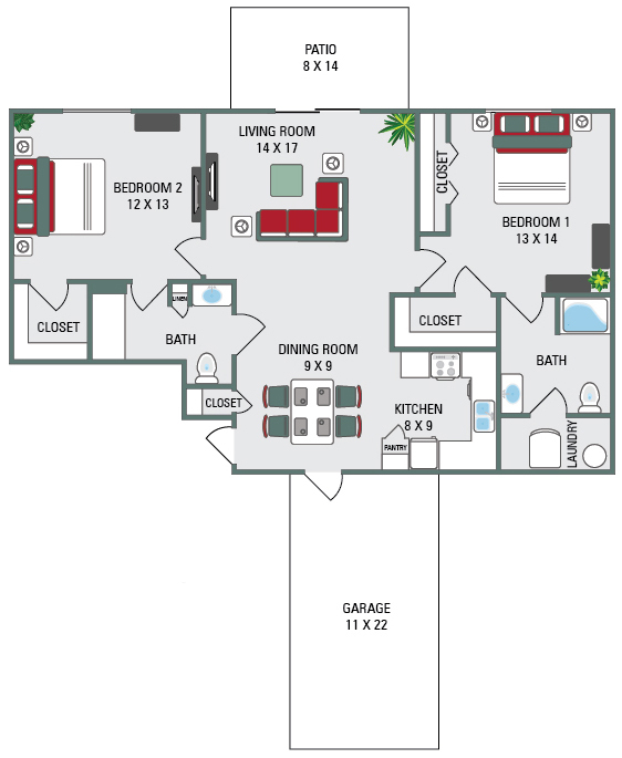 Floor Plan - 2B 2B Lower, 1375SF