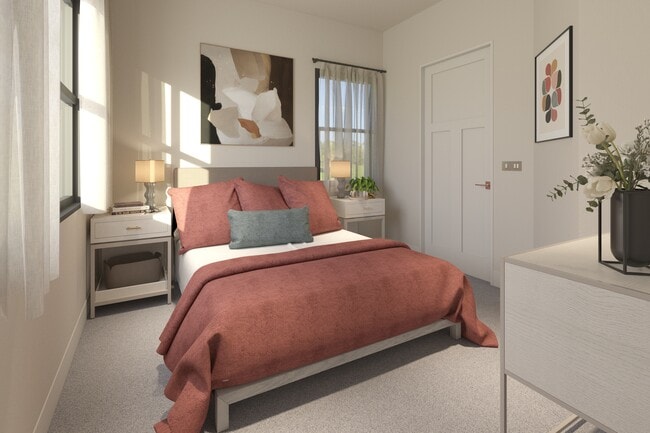 Greenwood Commons apartment bedroom showing a possible furniture set up. - Greenwood Commons Apartments