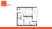 Chic floor plan of 'The Shelley' featuring 2 bedrooms, a modern kitchen, open dining and living area, and a stylish layout.