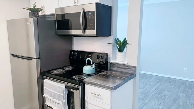 Nuestros elegantes apartamentos tipo estudio cuentan con una cocina separada con acabados modernos, que combinan funcionalidad y estilo. - Lakewood Village