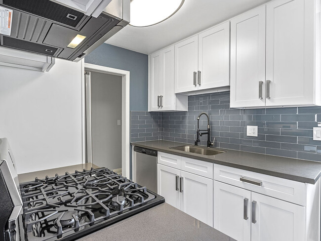 Kitchen with blue tile backsplash and stainless steel Stove, Oven, and fixtures. - Rose Avenue Apartments