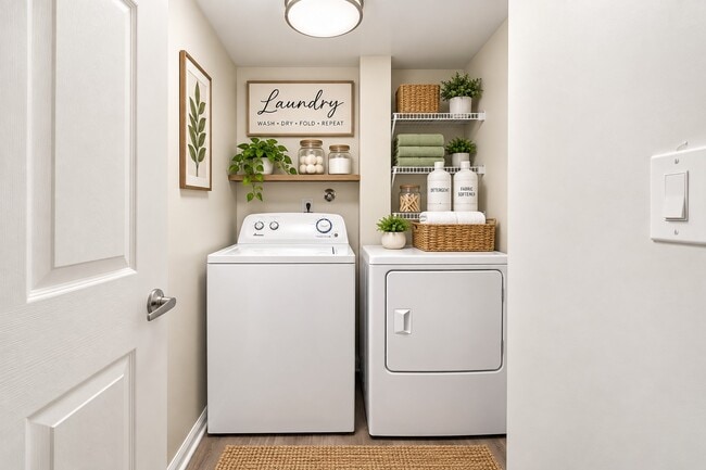 Effortlessly maintain your routine in the thoughtfully designed laundry area at Club Mira Lago. With modern appliances and cozy decor, this space combines functionality and style. Schedule your visit today to see it for yourself!