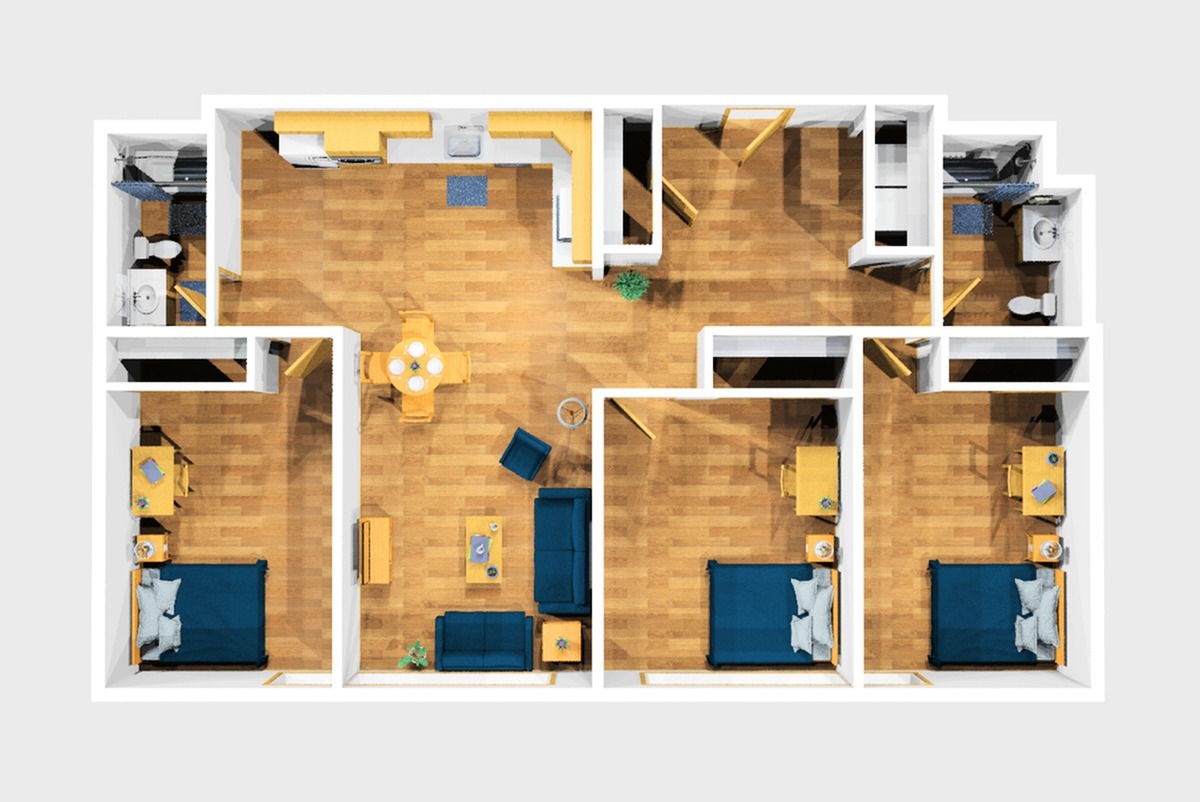 Three Bedroom Furnished 3D View - 3 Bedroom, 2 Bath