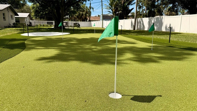 Charming backyard putting green with lush artificial grass and green flags, perfect for golf enthusiasts seeking outdoor leisure.