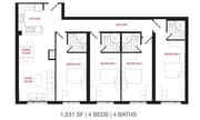 Detailed floor plan showing a 4-bedroom, 4-bathroom apartment with a kitchen, dining room, and living room.