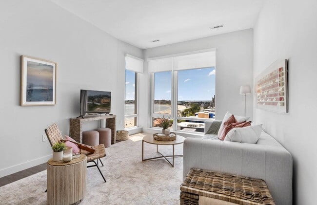 Daylight comes from two directions in this top-floor living room.
