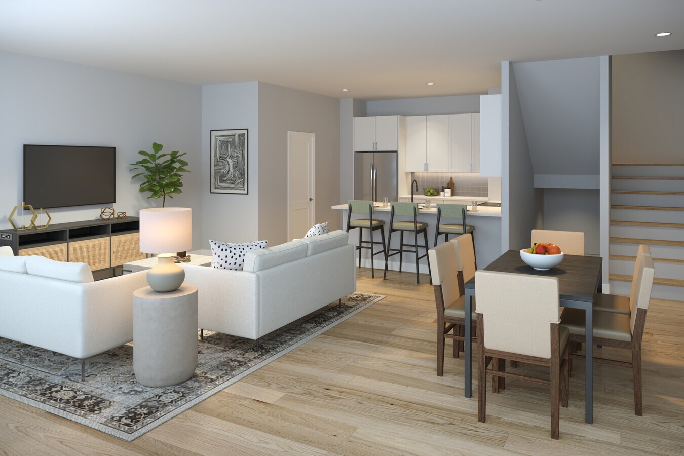 Townhomes featuring stainless steel appliances and seamless open concept kitchen, dining, and living spaces for modern living (Rendering) - Avalon Townhome Collection Arundel Mills