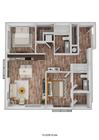 3D Floor Plan Rendering of the Newport Two-Bedroom, Two-Bathroom Layout. 975 square feet
