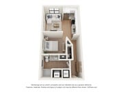 Modern 3D floor plan featuring a cozy 1-bedroom apartment with open kitchen, spacious living area, in-unit washer/dryer, and ample natural light.