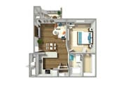 Chic 2D floor plan showcasing one bedroom, an open-plan kitchen and living room, with a modern bathroom and balcony.