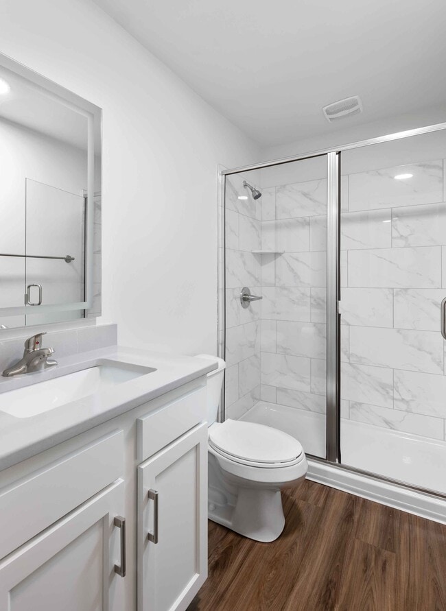 Bathroom with walk-in shower and quartz vanity
