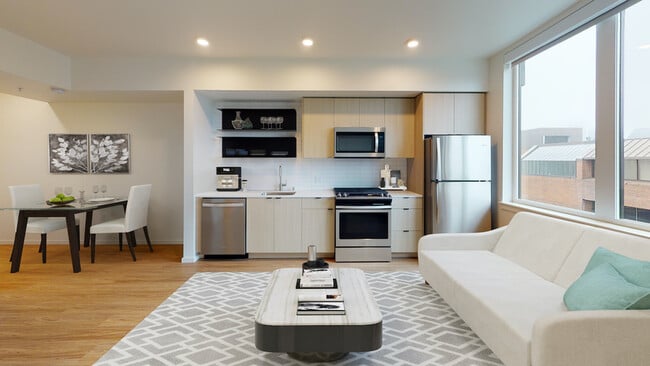 Spacious studio homes with built-in kitchen shelving