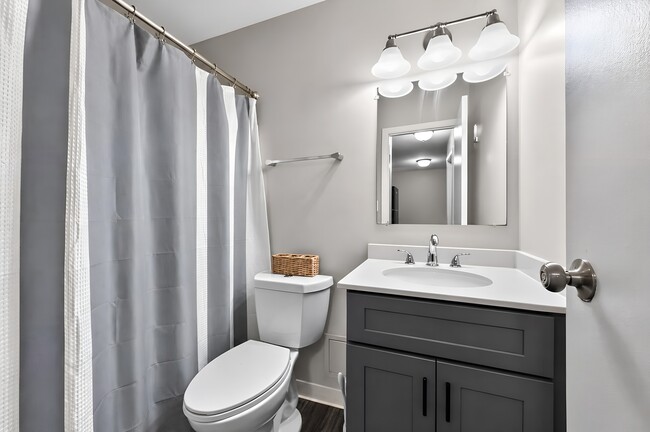 Enjoy a clean, modern bathroom featuring crisp white fixtures and a sleek grey shower curtain at Renaissance at Carol Stream in Carol Stream, IL.