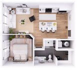 Corridor Style, 1 bedroom with 614 square feet and a large sliding patio door.