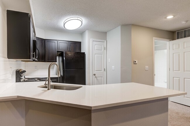 Modern kitchen with sleek dark cabinets, a stylish countertop, and contemporary lighting.