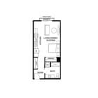 Efficient studio floor plan featuring an open kitchen, living, dining, and sleeping area with Juliet balcony access.