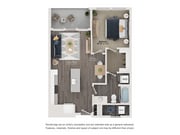 Elegant 1-bedroom floor plan featuring an open living room, modern kitchen, cozy dining area, and a balcony. Includes a bathroom, and in unit washer/dryer, at The Richmond Apartments in SLC.