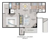 One Bedroom, 638 sqft, Patio/Balcony, Full-Size Washer Dryer Connections, Walk-in Closet, Additional Storage Unit, Fireplace in Second Floor Homes
