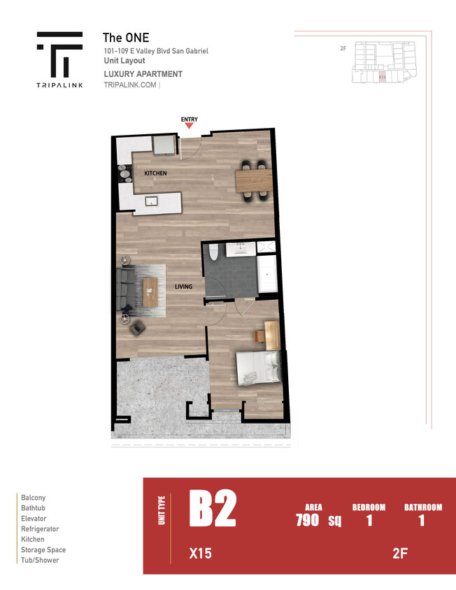 Floor Plan - 1 Bed 1 Bath - 790 sqft