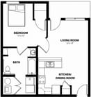 Urban-style one-bedroom layout with seamless flow from kitchen to living to private suite in the 626 SF, 1 bedroom, 1 bathroom A2 floor plan.