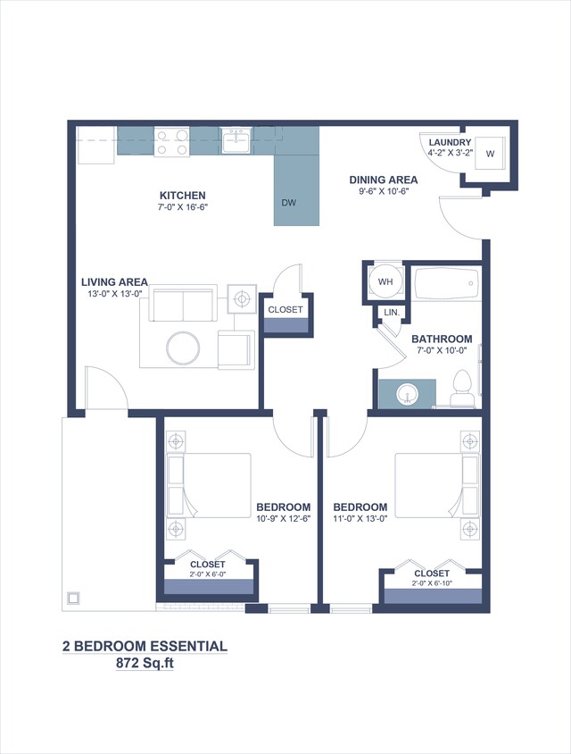 Floor Plan - Two Bedroom, One Bathroom