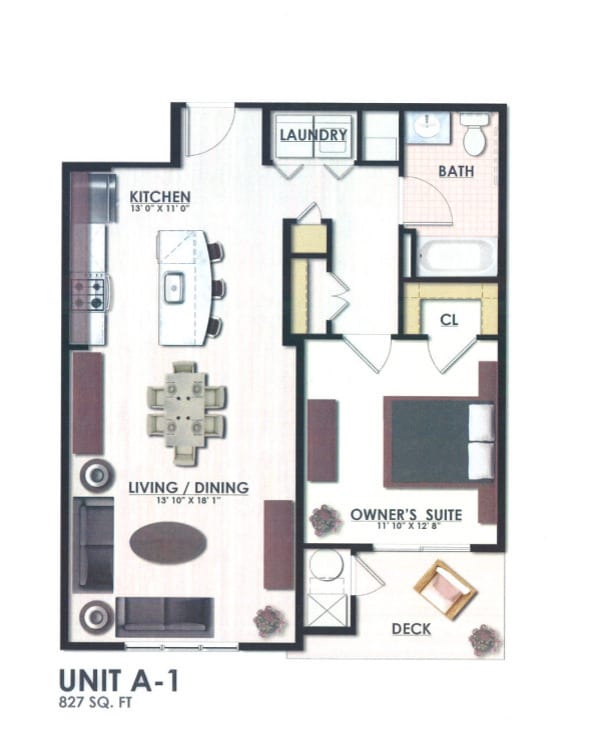 A1 Floorplan (827 sq ft) - Albertson Village