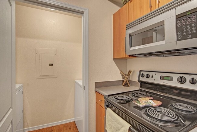 Acclaim Apartments- kitchen with a stainless-steel stove and microwave - Acclaim