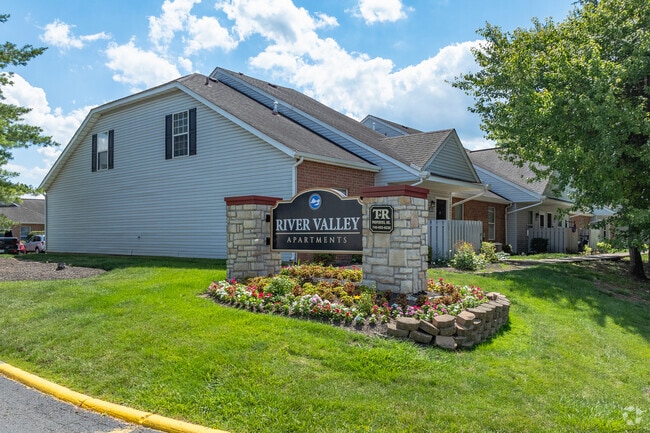 Front entrance sign for River Valley Apartments in Lancaster, OH.