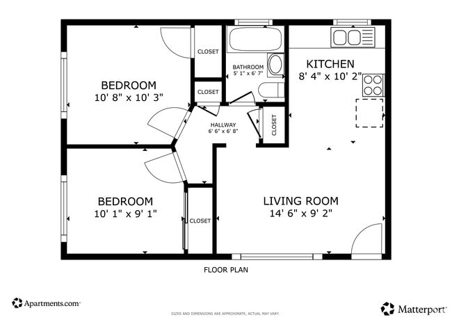 2BR, 1BA, 585SF - Floor Plan - Windy Hill Apartments