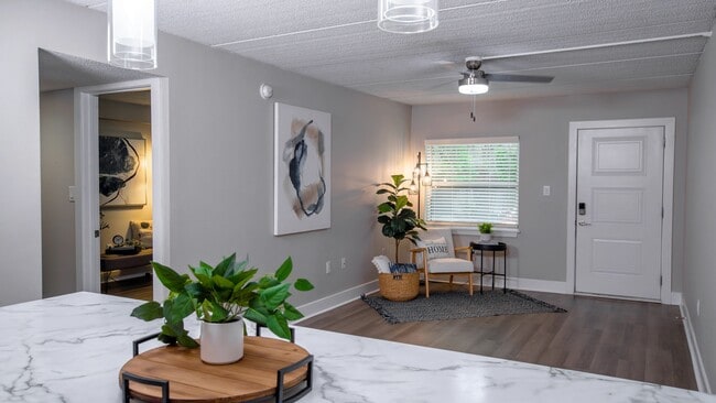 Welcome to your cozy and stylish living room at Elon Winter Park Apartments, offering a cozy atmosphere with modern finishes, stylish lighting, and plenty of natural light. A perfect space for relaxation and everyday comfort. - Elon Winter Park Apartments