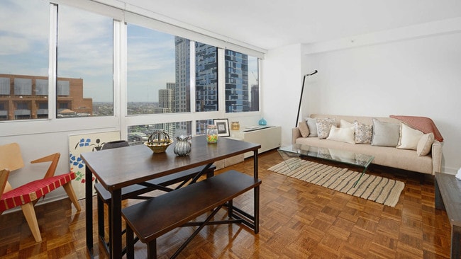 Living and Dining Room with Wood Parquet Flooring