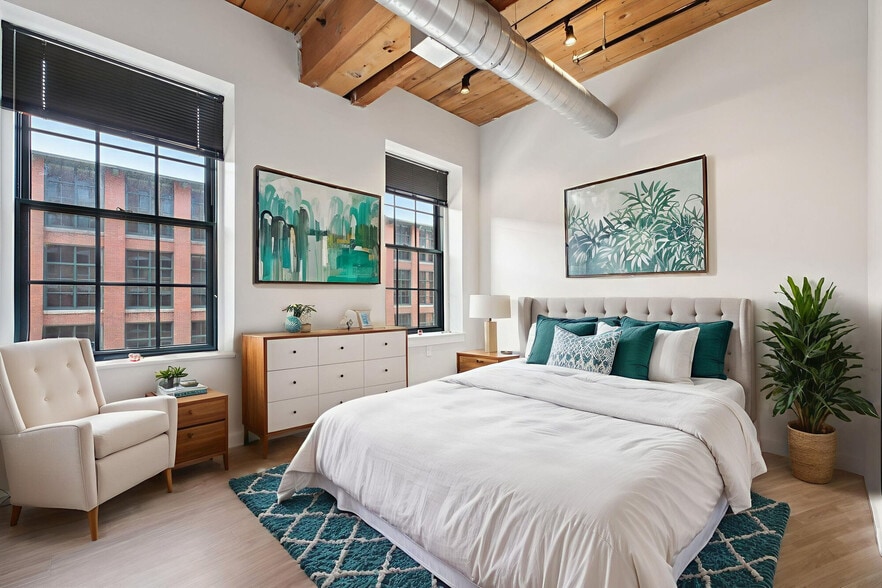 Spacious apartment bedroom with large windows and exposed wood beam ceilings