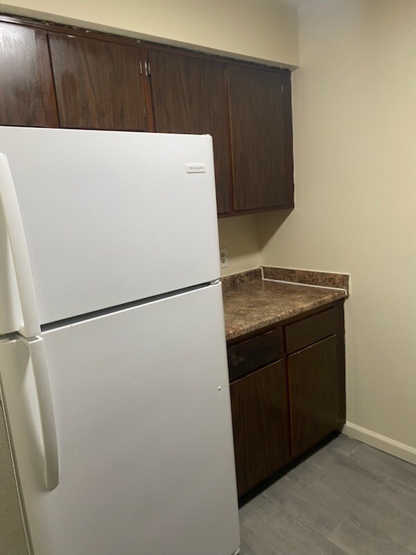 Kitchen counter and refridgerator - Oak Forest Apartments