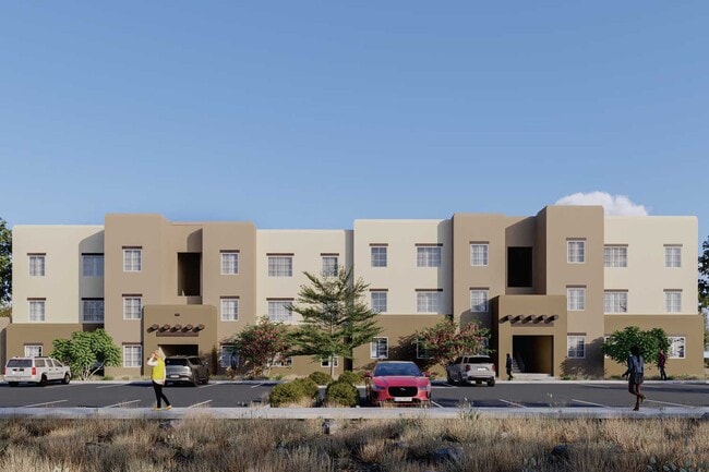Vista exterior de los apartamentos Cresta Ranch en Santa Fe, Nuevo México, que destacan por su arquitectura moderna del suroeste y sus viviendas asequibles con restricciones de ingresos.