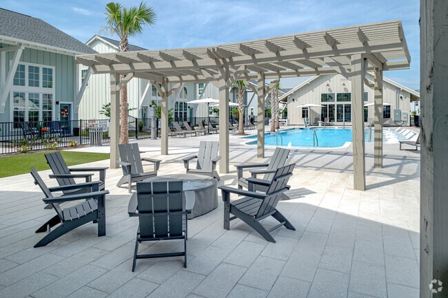 Fire pit in pool area.