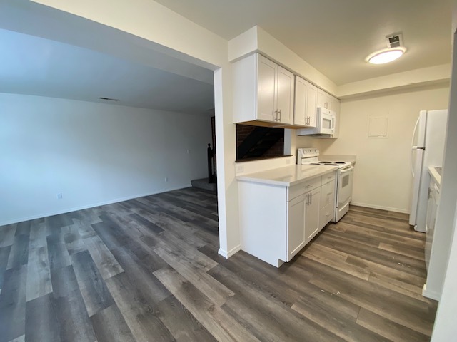 Kitchen with quartz contertops, shaker cabinetry, dishwasher - 1205 W Ivy Ave Apartments Unit 104