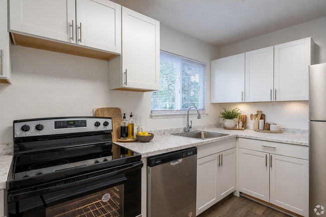Modern L-shaped kitchen with natural light - Forest Pine Apartments