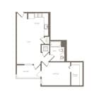 Contemporary floor plan of a one-bedroom apartment featuring an open kitchen-living area, spacious balcony, bathroom, and walk-in closet.