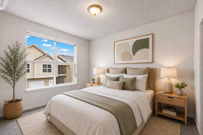 Bright and cozy bedroom featuring a large window with a view, walk-in closet, and en suite bathroom. - Lofts at Garden District