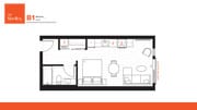 Chic studio floor plan at The Shelley featuring a modern open-concept layout with a combined living and sleeping area, a sleek kitchen, and a charming Juliette balcony.