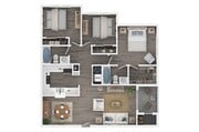 Plano de piso de tres dormitorios con dos baños