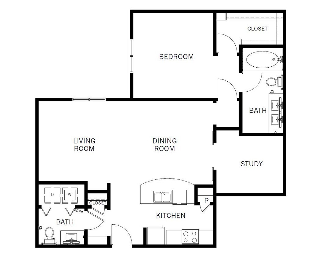 1 Bedroom 1.5 Bath with Study - A3