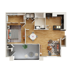 Modern 1-bedroom floor plan featuring an open-concept layout with a stylish kitchen, cozy living area, and spacious balcony.
