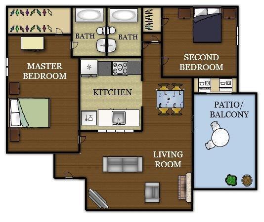 Floor Plan - 2BR, 2BA - 899SF