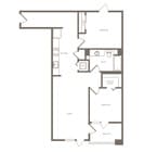 Sleek floor plan showcasing 2 bedrooms, 1 bathroom, modern kitchen, spacious living area, and private balcony.