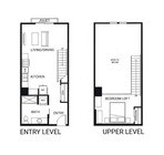 Contemporary two-level floor plan with an open-concept entry featuring a kitchen, living/dining area, and convenience bath. Upper level offers a spacious bedroom loft and open space below, ideal for modern living.