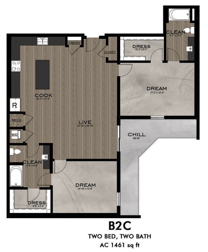 2 Bedroom 2 Bathroom floor plan - B2C