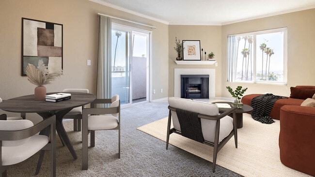 Carpeted Living Room with Fireplace and Balcony - Vantage Hollywood