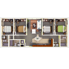 4x3: all units have 2 private bathrooms and 1 shared